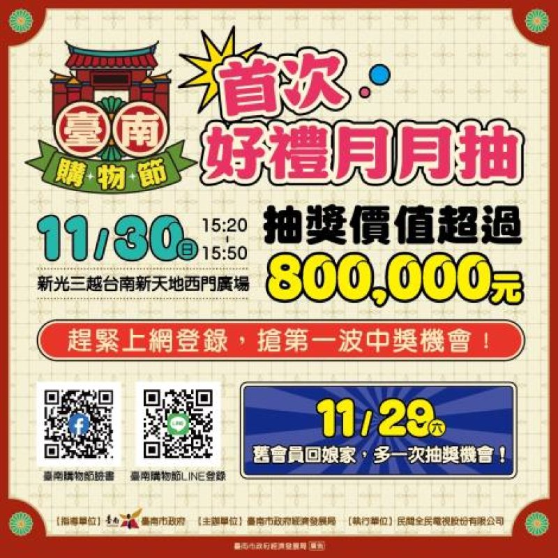 11/30首場臺南購物節「好禮月月抽」　宏佳騰智慧電車、8萬元現金等多重豪禮等你抽