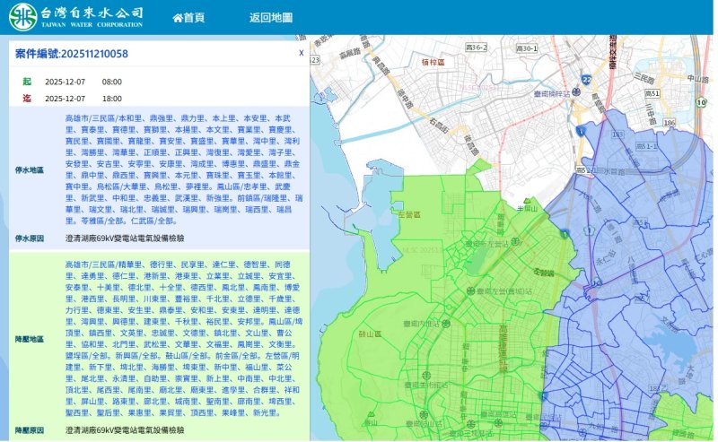 高雄大規模停水公告！12/7澄清湖廠檢驗 三民、苓雅、仁武等逾70里停水10小時，多區降壓