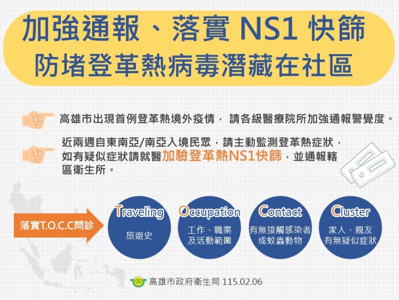高雄首例登革熱境外移入：男自印尼返臺確診，東南亞疫情持續，衛生局呼籲返國者配合防疫。
