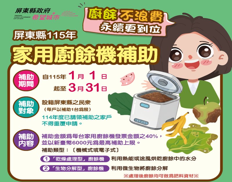 提高生活品質  屏東縣廚餘機補助申請請把握最後15天
