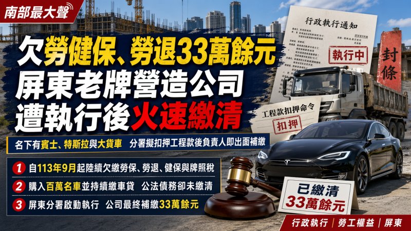 營造公司擁百萬名車卻欠勞健保費 書記官扣押工程款奏效，保障勞工權益