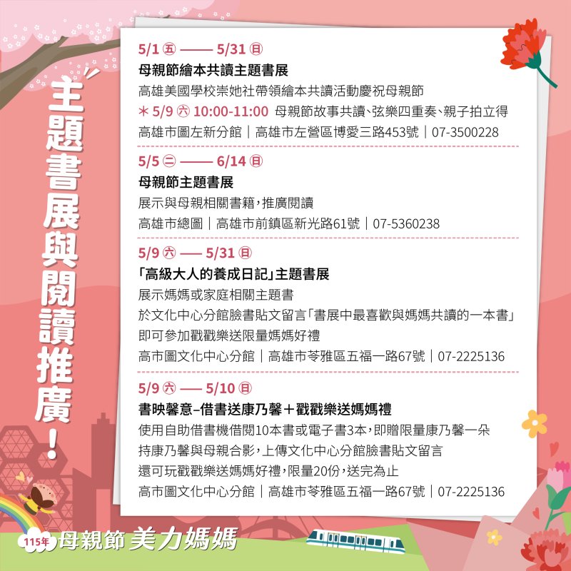 溫馨五月高市府規劃系列活動暖心登場 邀您與媽媽共度美好時光 溫馨五月高市府規劃系列活動暖心登場 邀您與媽媽共度美好時光