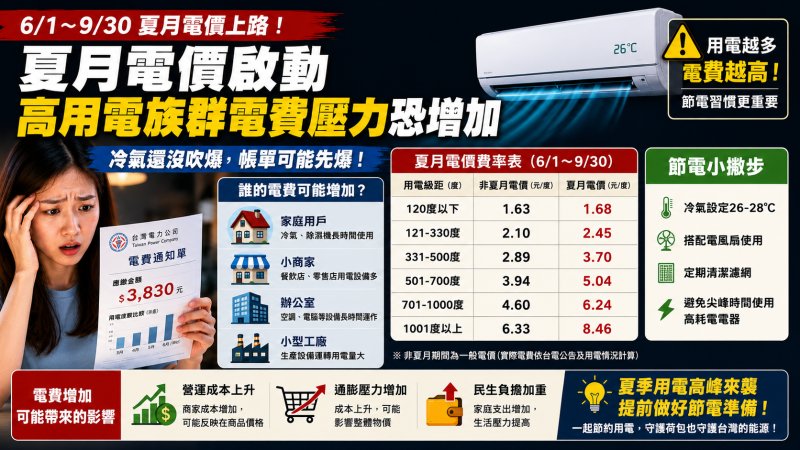夏月電價6月上路！高用電族群電費壓力恐增加　 冷氣還沒吹爆帳單先來了