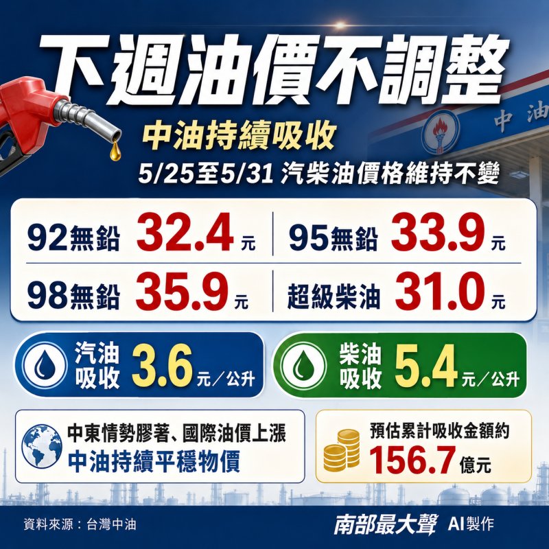 中油宣布下週油價不調整　汽柴油持續維持亞鄰最低價  