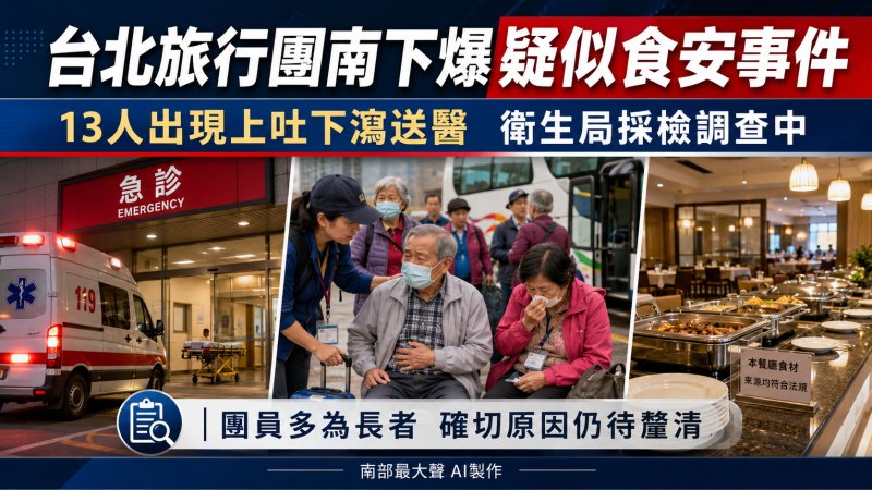 台北長輩旅行團南下爆疑似食安事件　13人就醫、衛生局抽驗12件食餘檢體釐清原因