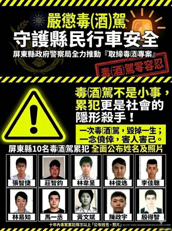 屏警查獲毒（酒）駕累犯強調嚴辦並首次公布姓名照片