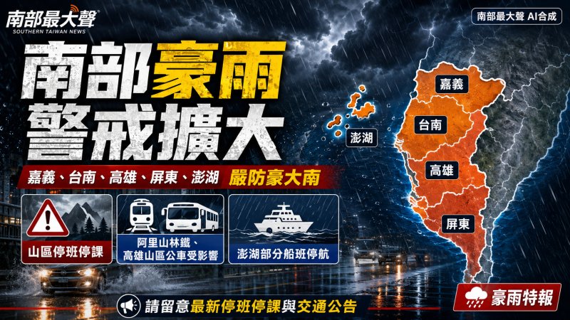 南部豪雨警戒擴大 嘉義、高雄、屏東多處山區停班停課 阿里山林鐵、山區公車與澎湖船班受影響 南部豪雨警戒擴大 嘉義、高雄、屏東多處山區停班停課 阿里山林鐵、山區公車與澎湖船班受影響