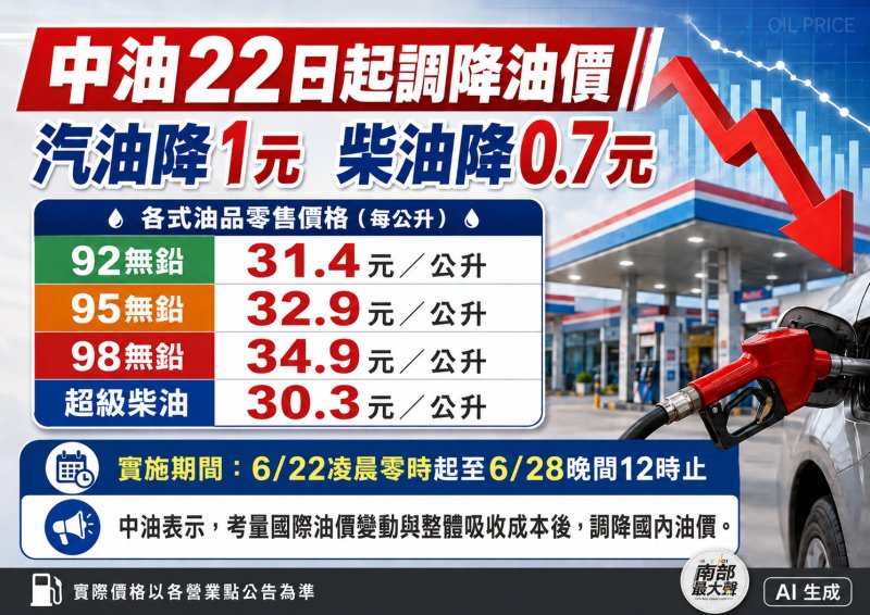 中油油價22日起調降　汽油每公升降1元、柴油降0.7元