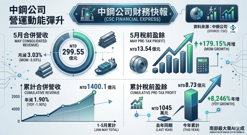 中鋼自結5月稅前盈餘13.54億、月增179% 毛利回升獲利飆速