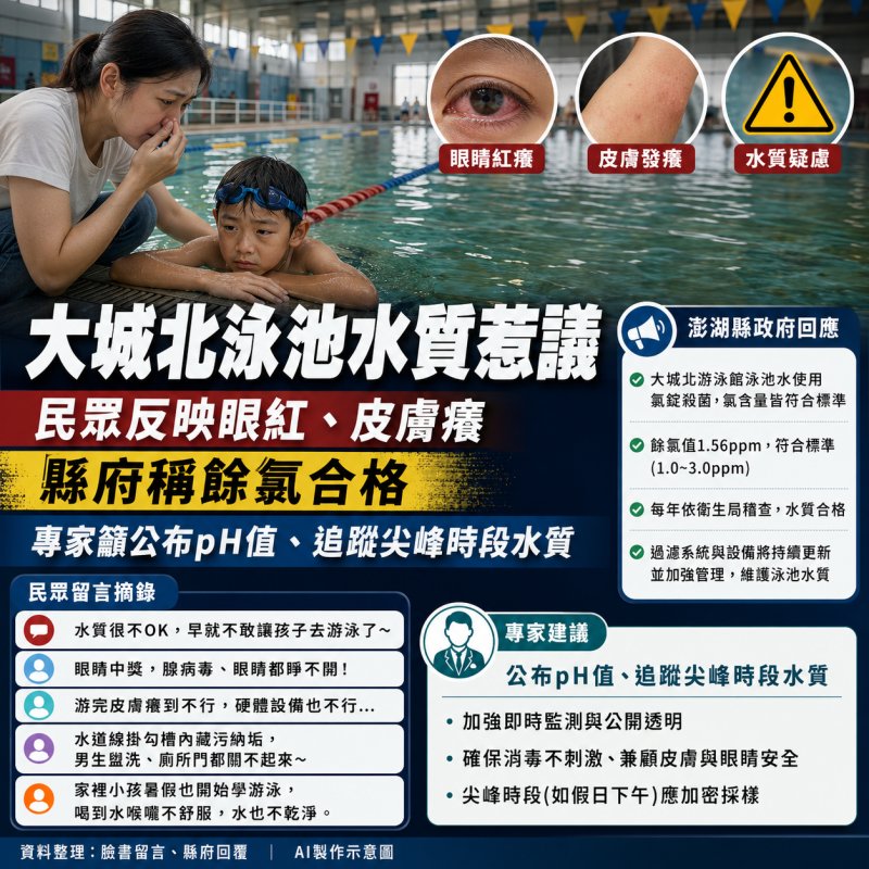 大城北游泳池再爆水質疑慮　民眾反映眼睛紅腫、皮膚搔癢　專家籲公布pH值及尖峰時段檢測