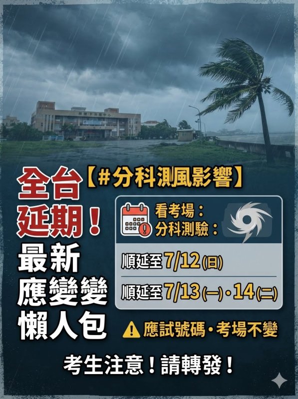 分科測驗因颱風全台首度延期！南部、澎湖5縣市時程同步順延 教育部全面啟動跨區交通住宿補助