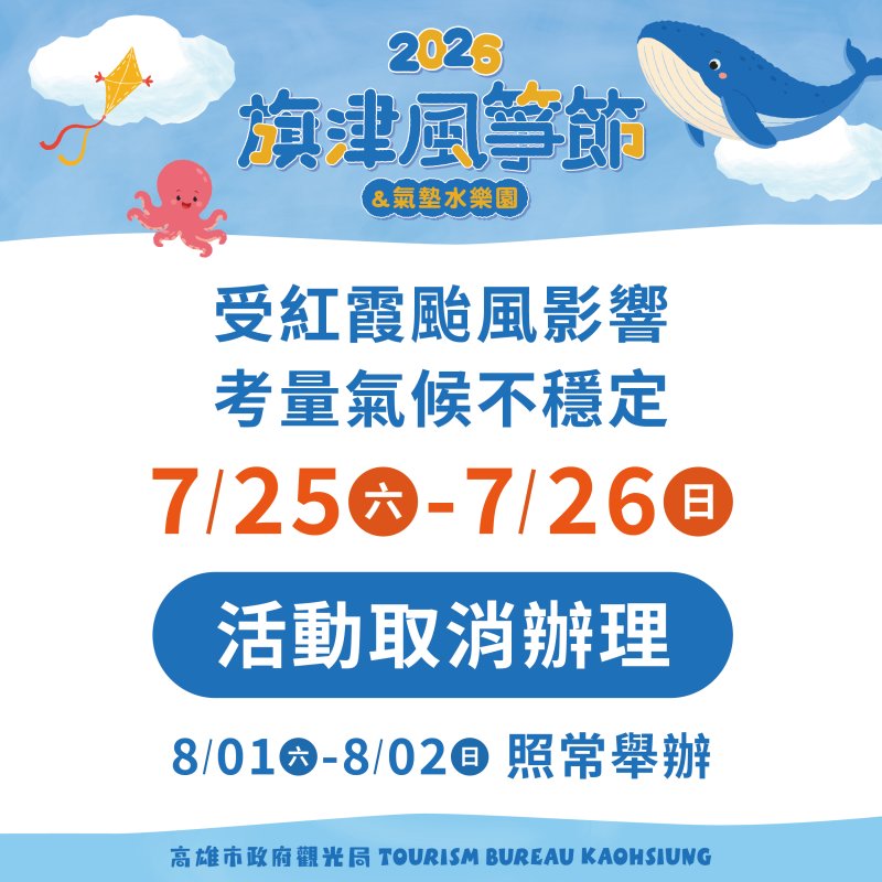「2026旗津風箏節暨氣墊水樂園」本週兩日活動取消  因颱風外圍可能降豪雨