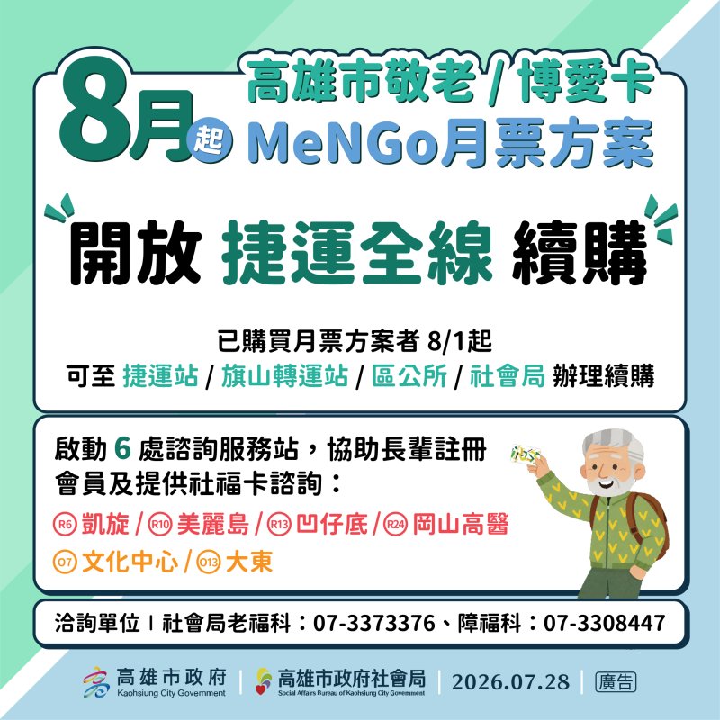 高雄市敬老、博愛卡8月1日起全線捷運站及旗山轉運站皆可辦理續購MeNGo月票 