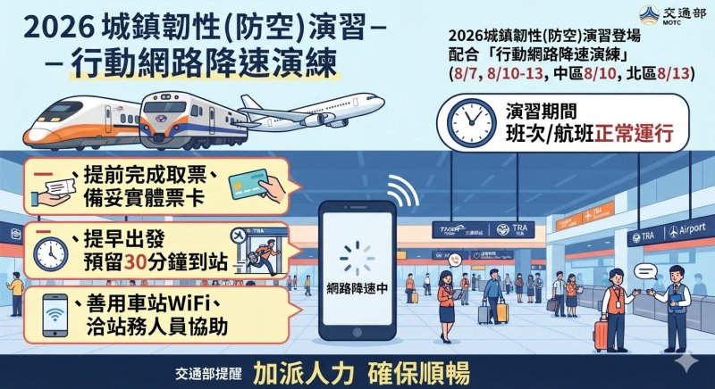 2026城鎮韌性(防空)演習登場！ 交通部提醒：配合「行動網路降速演練」，搭車、搭機前注意三件事