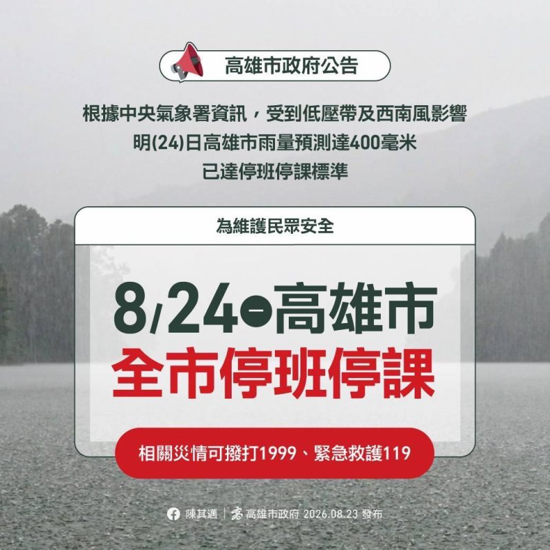 豪雨來襲！高雄秀傳紀念醫院部分門診及檢查服務異動　8月24日醫療服務一次看