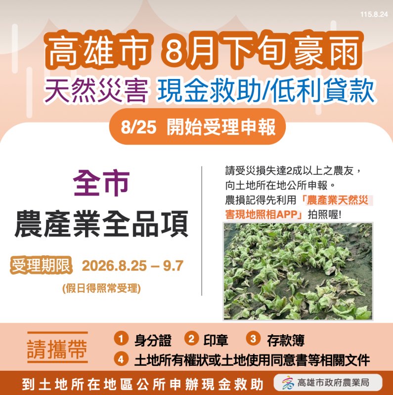 高雄市豪雨農產全品項災害現金救助 今日起受理申請