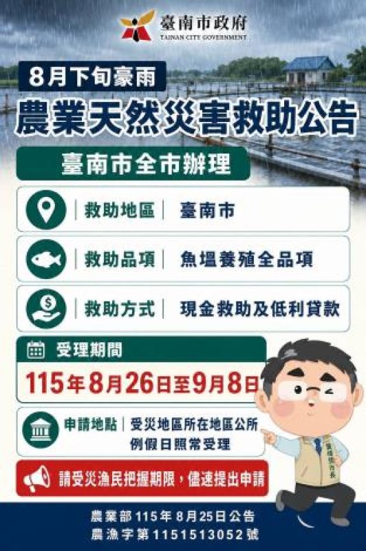 8月下旬豪雨造成魚塭受損 南市8月26日起受理養殖漁業現金救助