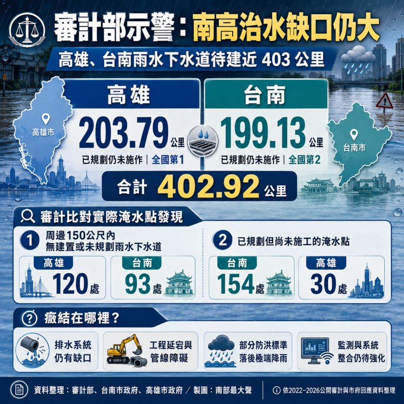 不是沒治水，而是治水追不上暴雨？審計部連年示警南高排水缺口　近403公里下水道仍待建