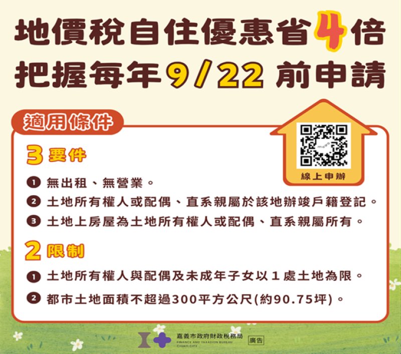 地價稅自用住宅優惠稅率申請倒數 9月22日前提出，稅金可省4倍！