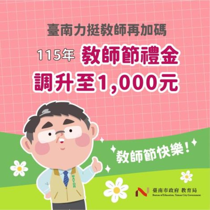 敬師再加碼！臺南市115年教師節禮金提高至1,000元