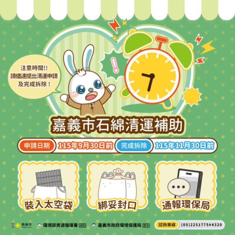 石綿清運補助申請倒數　嘉義市提醒9月底前完成申請
