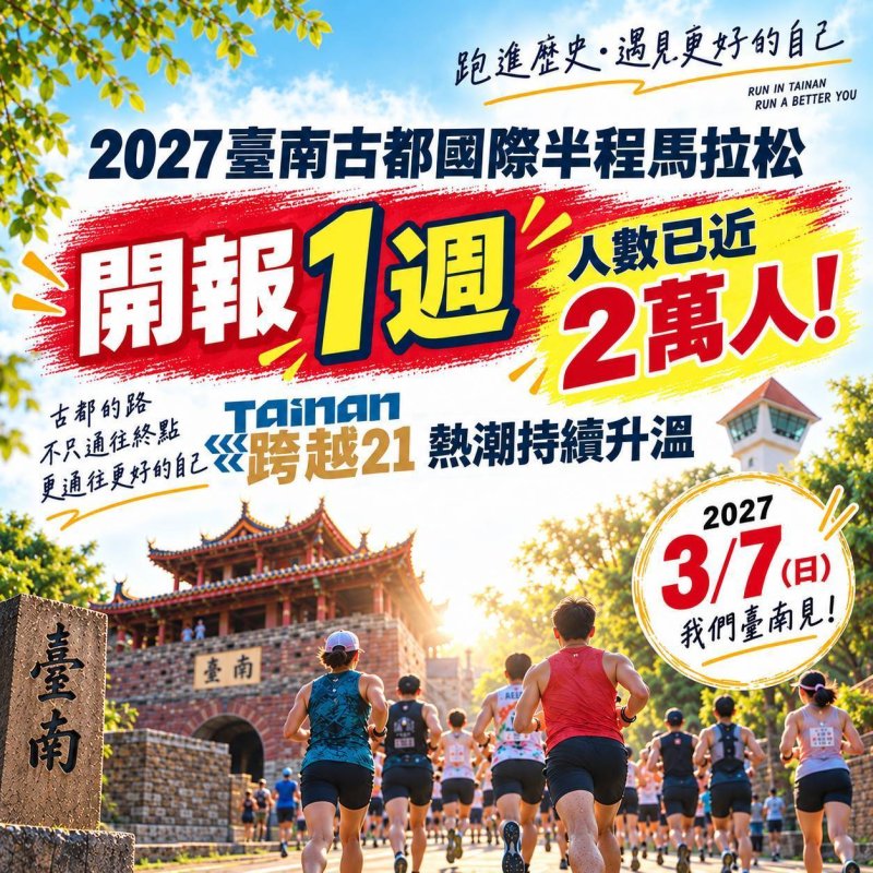 2027臺南古都國際半程馬拉松開報1週近2萬人 「跨越21」掀報名熱潮