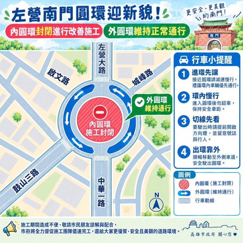 左營南門圓環改造啟動 內環封閉施工、外環照常通行