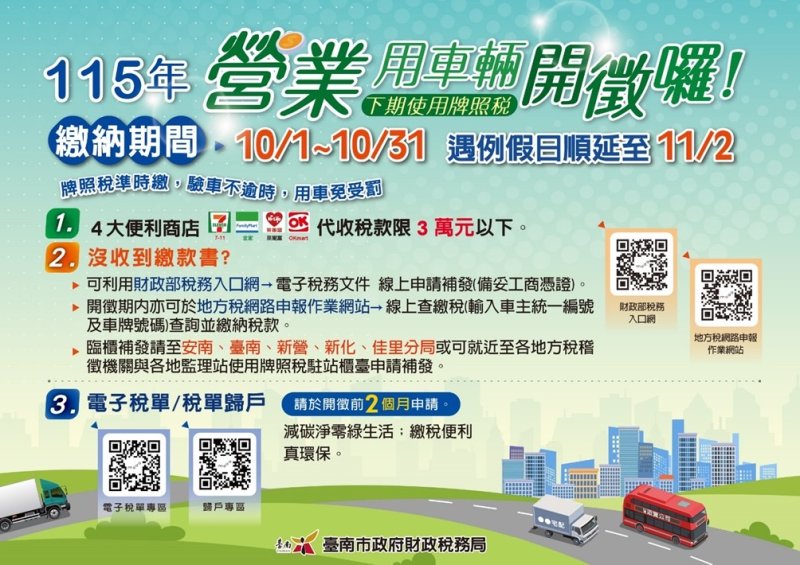 營業車牌照稅10/1開徵　多元便利方式輕鬆完成繳稅