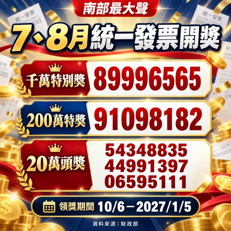 快翻發票！115年7、8月統一發票開獎　千萬特別獎「89996565」
