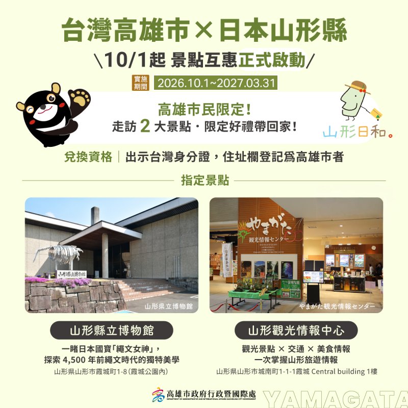 高雄×山形縣串聯觀光新玩法 10/1起集遊2景點換限定好禮