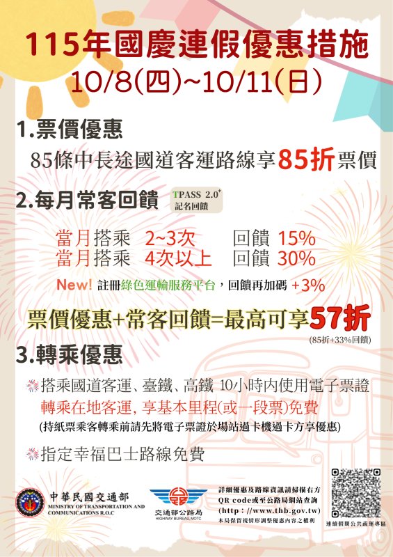 國慶連假搭公共運輸享票價優惠
