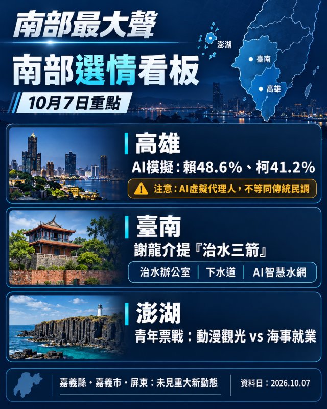 高雄AI模擬選情掀議論、澎湖藍綠搶青年票　南部六縣市10月7日選戰焦點