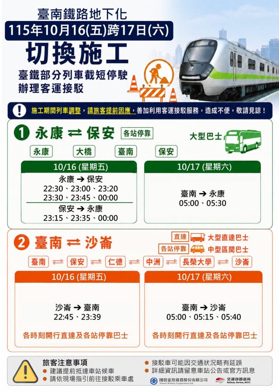 臺南鐵路地下化施工影響列車行駛　10/16夜間至17日清晨部分班次調整並提供公路接駁