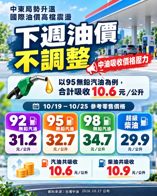 下週油價凍漲！中油汽柴油各吸收逾10元　95無鉛維持每公升32.7元