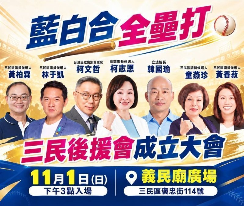 韓國瑜、柯文哲預告同台挺柯志恩　11／1三民後援會拚「藍白合全壘打」