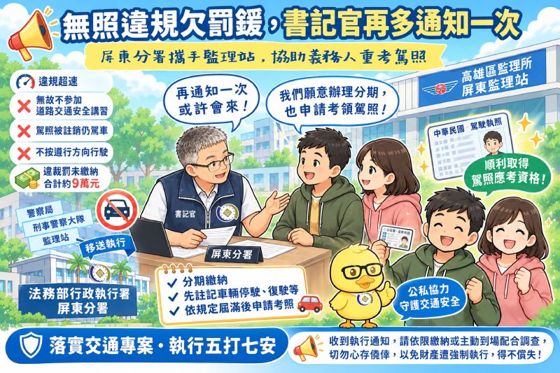 無照違規欠罰鍰，書記官再多通知一次 屏東分署攜手監理站，幫男子重考駕照