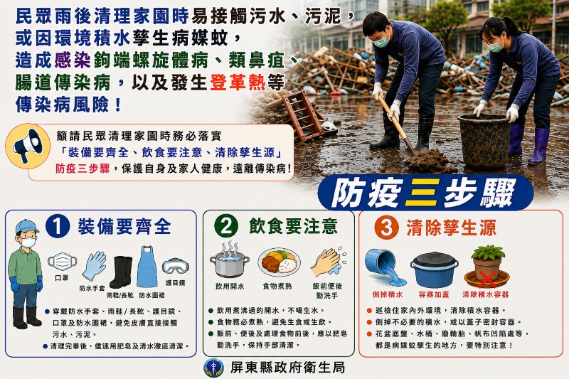 民眾清理家園時落實「裝備要齊全、飲食要注意、清除孽生源」防疫三步驟