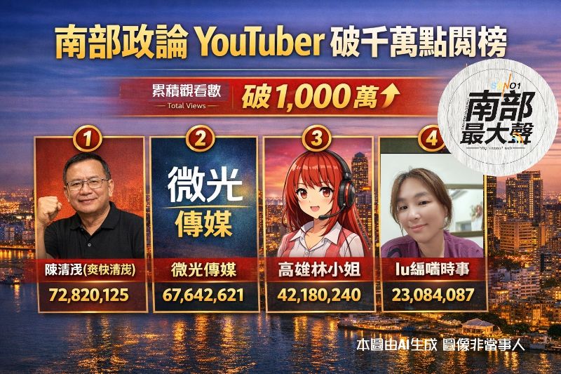 南部政論 YouTuber 破千萬點閱榜出爐！「爽快清茂」居冠　微光傳媒、高雄林小姐、lu編緊追在後