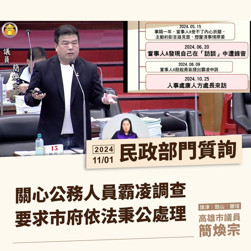高雄市一年遭23起霸凌投訴 簡煥宗質疑人事處私設“刑堂” 市府應對機制受關注 