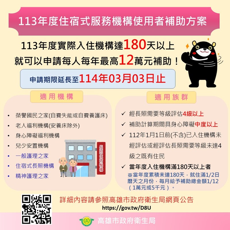  113年住宿式服務機構使用者補助方案 申請期限延長至114年3月3日止