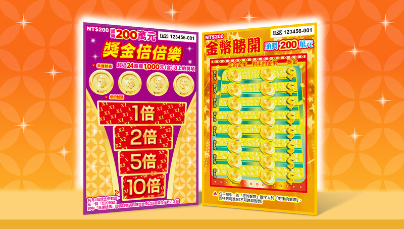 刮刮樂「獎金倍倍樂」「金幣勝開」金喜上市 頭獎200萬元  2款新品總獎項超過287萬個 總獎金逾11.5億元